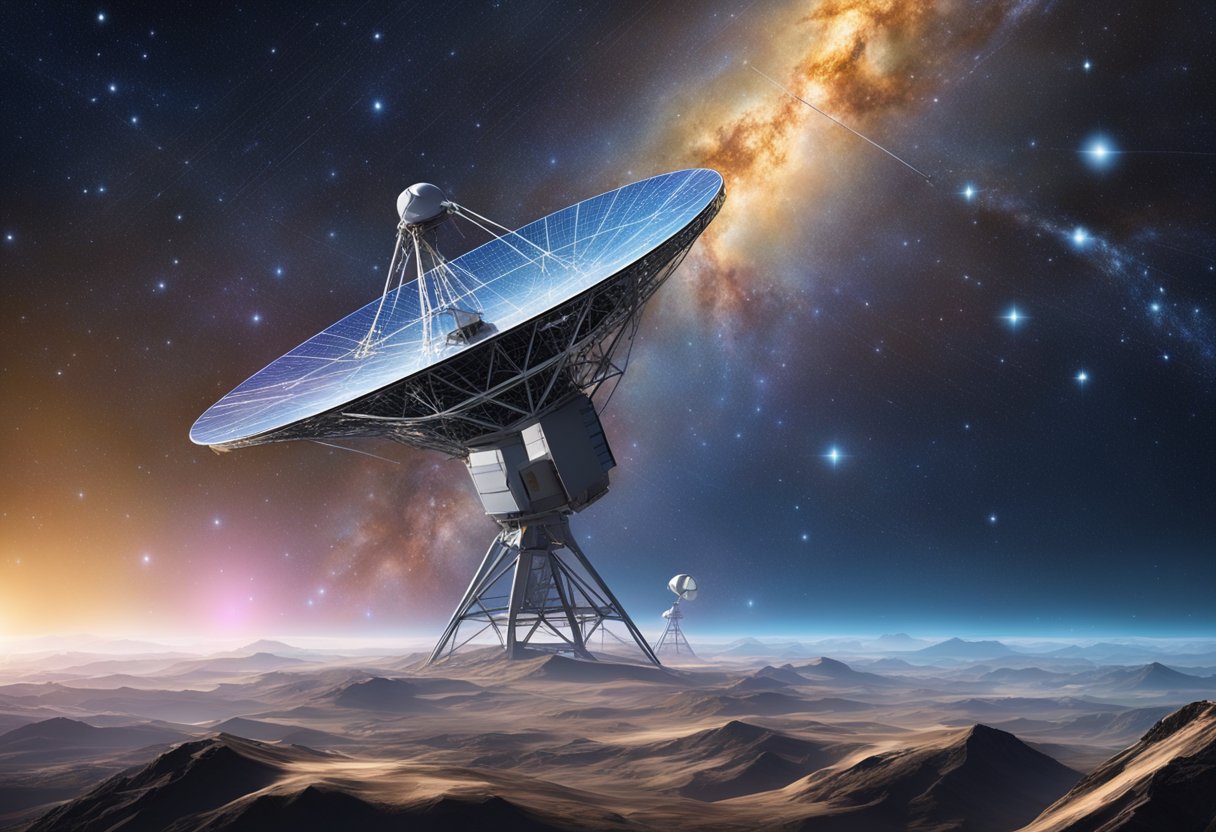 The Deep Space Network antennas reach towards the stars, receiving and transmitting signals from distant spacecraft, surrounded by a backdrop of the vast and mysterious cosmos