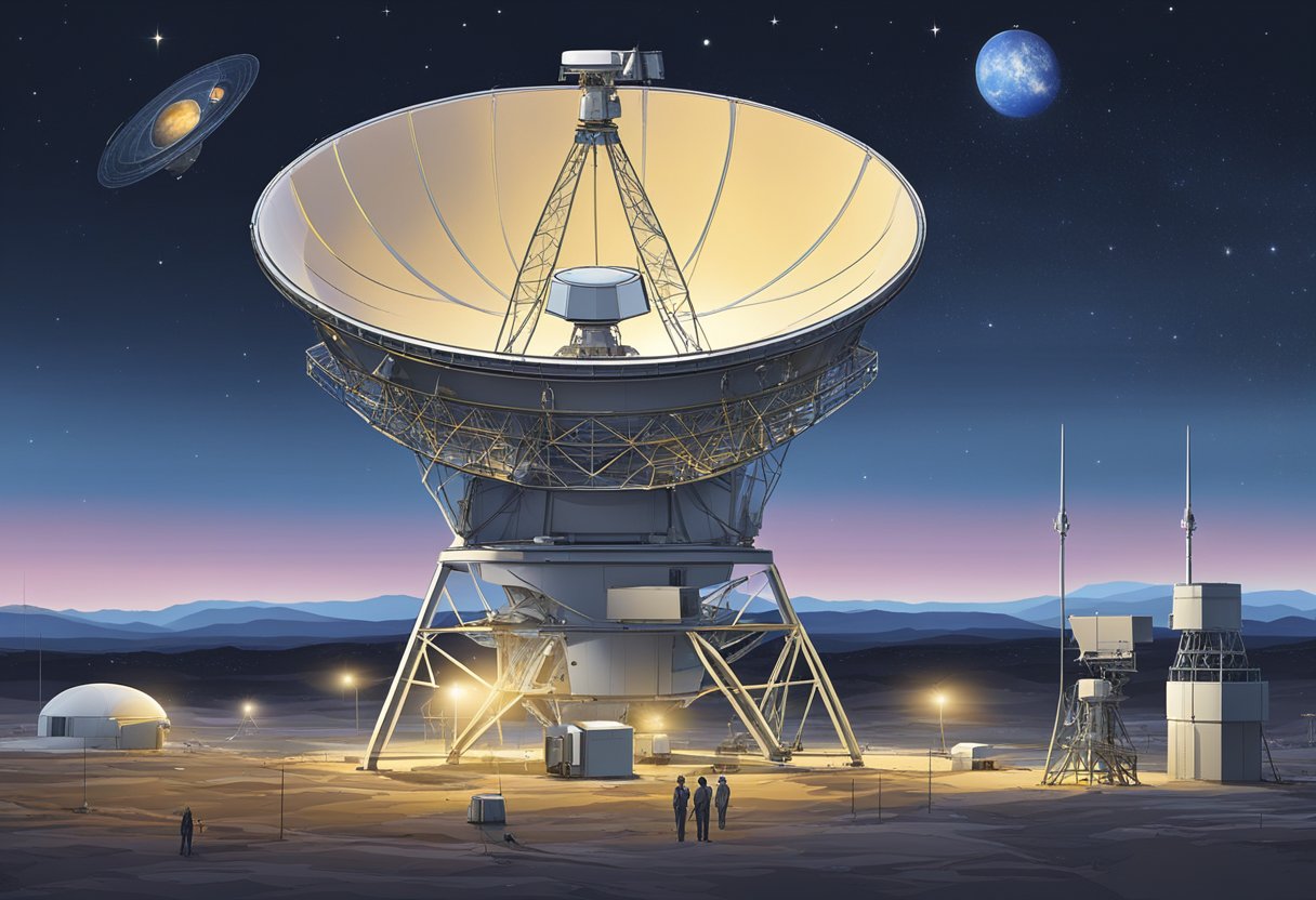 The DSN dish antennas point towards the night sky, receiving and transmitting signals from distant spacecraft, while technicians monitor the operations from the control center