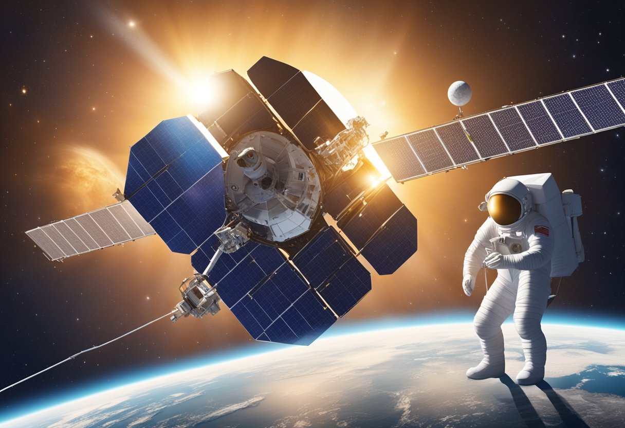 Astronauts working on a satellite in space. Sun's rays and solar flares impacting the satellite. Earth in the background