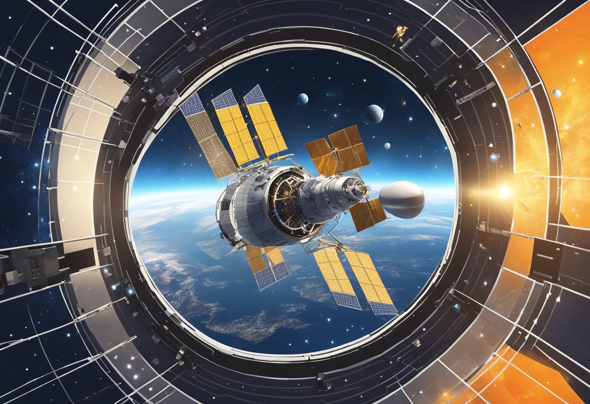 Satellite in orbit, surrounded by solar flares and charged particles. Astronauts inside spacecraft, monitoring equipment for space weather impact