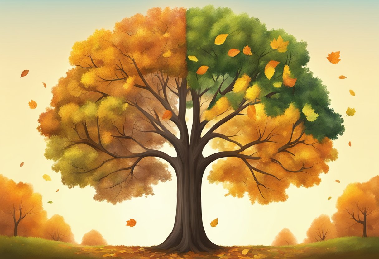 A tree with changing leaves, half in sunlight and half in shadow, symbolizing the vernal and autumnal equinoxes