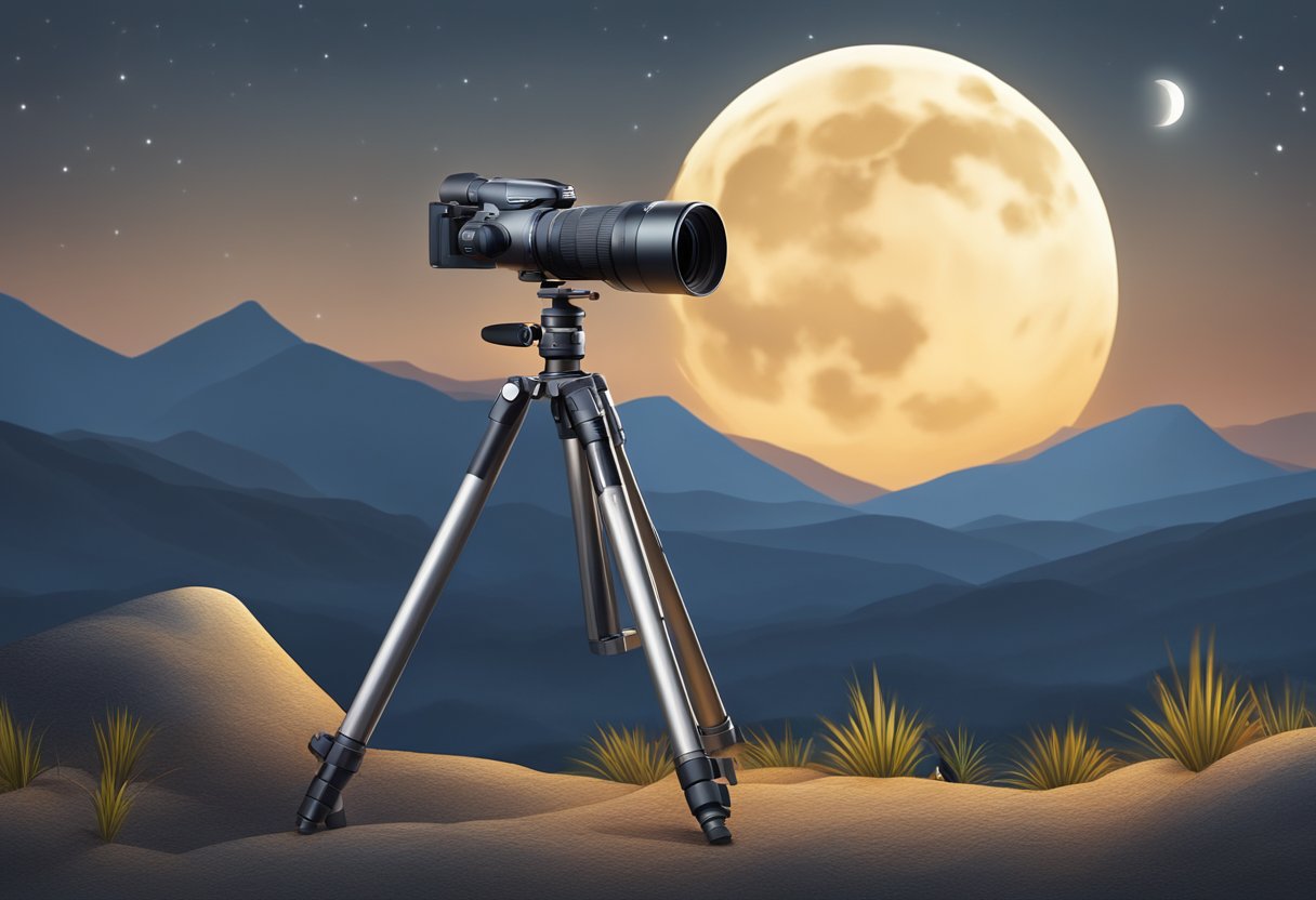 A tripod-mounted camera with a long telephoto lens pointed at the moon, using a low ISO and a fast shutter speed to capture stunning details and minimize motion blur