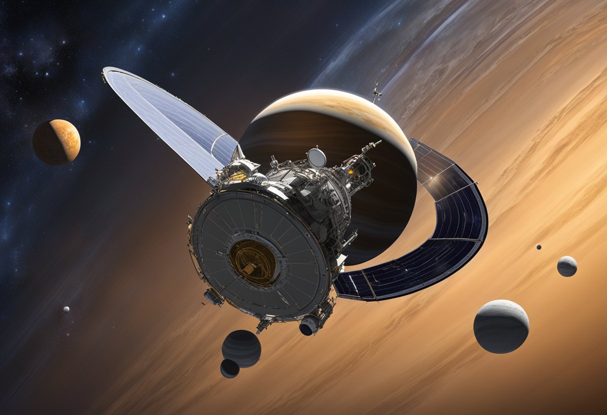 A space probe hovers above a gas giant, its intricate sensors and antennas scanning the planet's swirling atmosphere. Nearby moons and rings add to the majestic backdrop of the outer planets