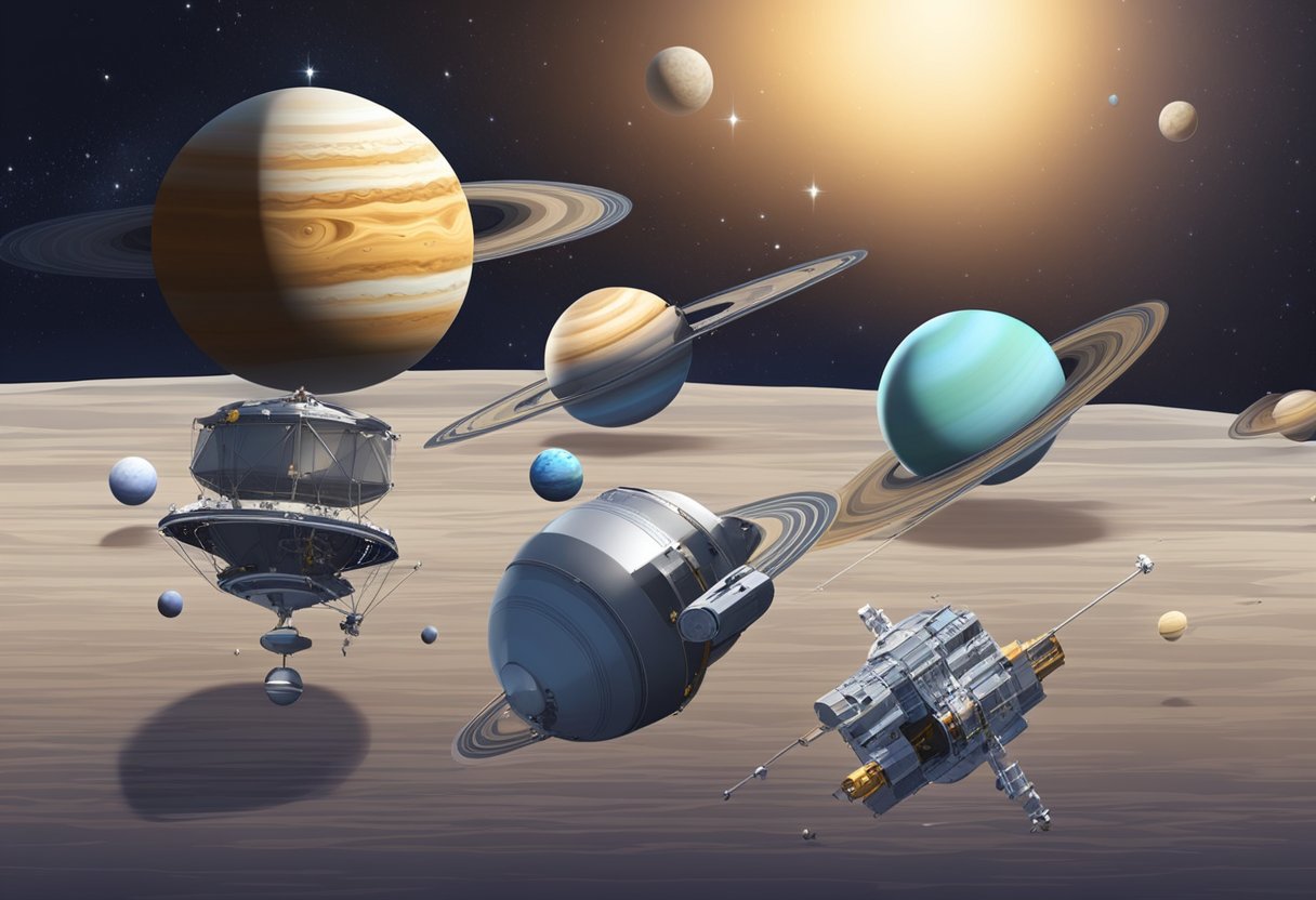 Space probes orbiting Jupiter, Saturn, Uranus, and Neptune. Capturing detailed images and data of planetary bodies. Scientific instruments collecting valuable information