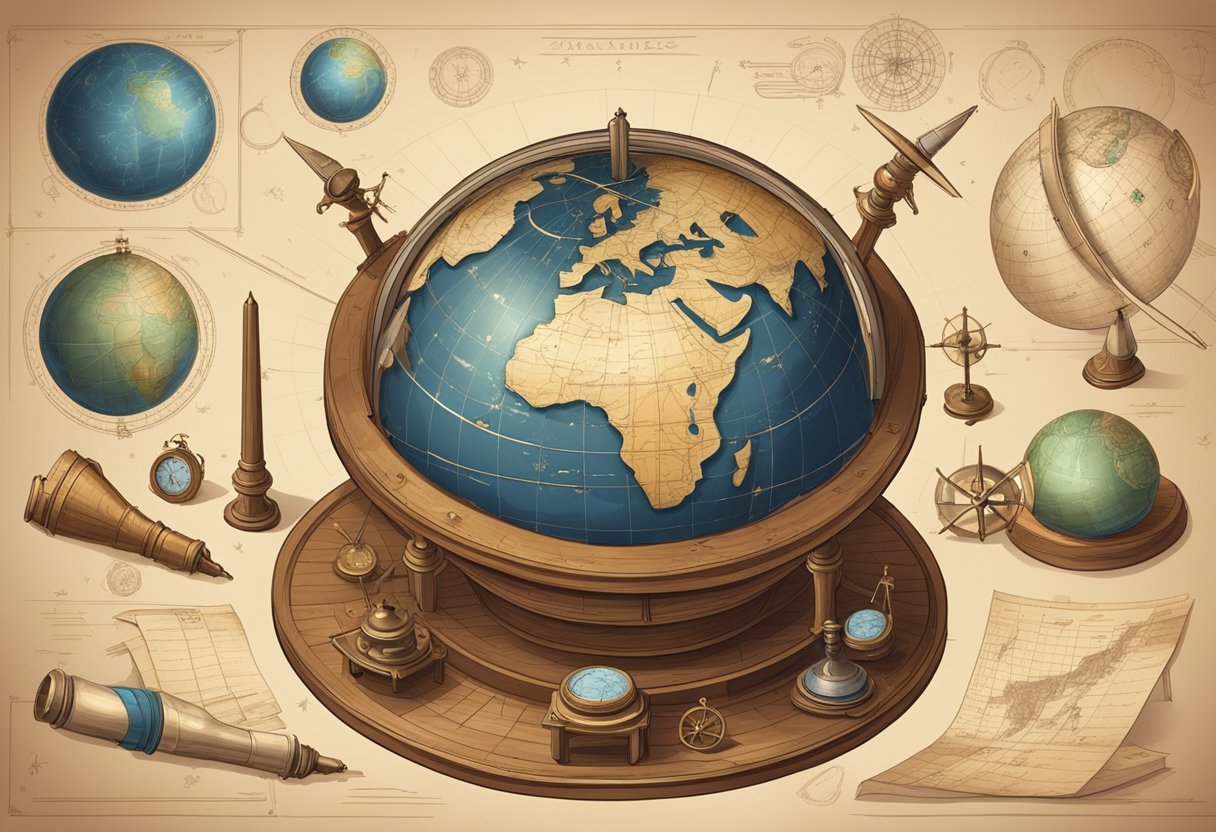 Astronomical tools and charts lay scattered on a wooden table, as a celestial globe sits in the center, surrounded by ancient navigation instruments