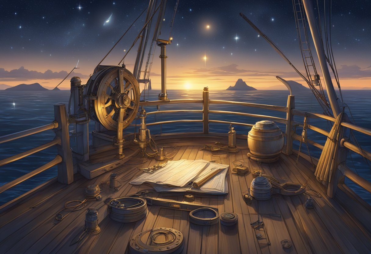 Astronomical tools lay scattered on a ship's deck, as the night sky glows above, guiding the vessel's course across the open sea