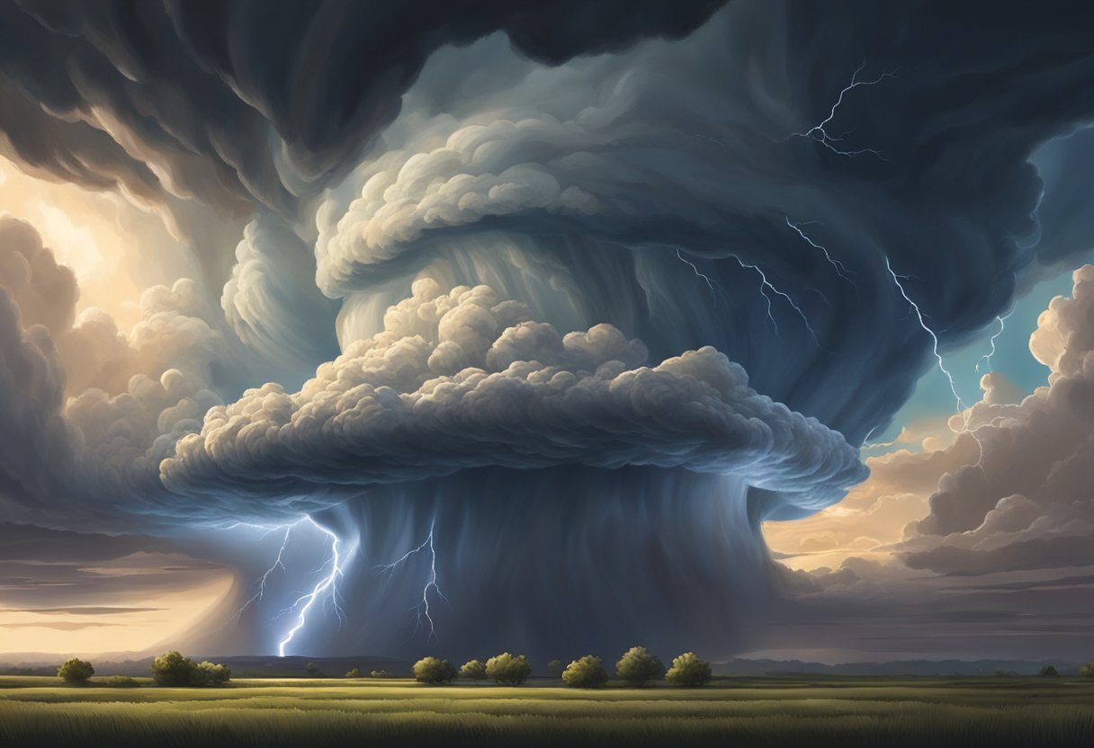 A massive supercell thunderstorm looms ominously in the sky, with swirling clouds and lightning. A tornado forms beneath, churning up debris and causing destruction