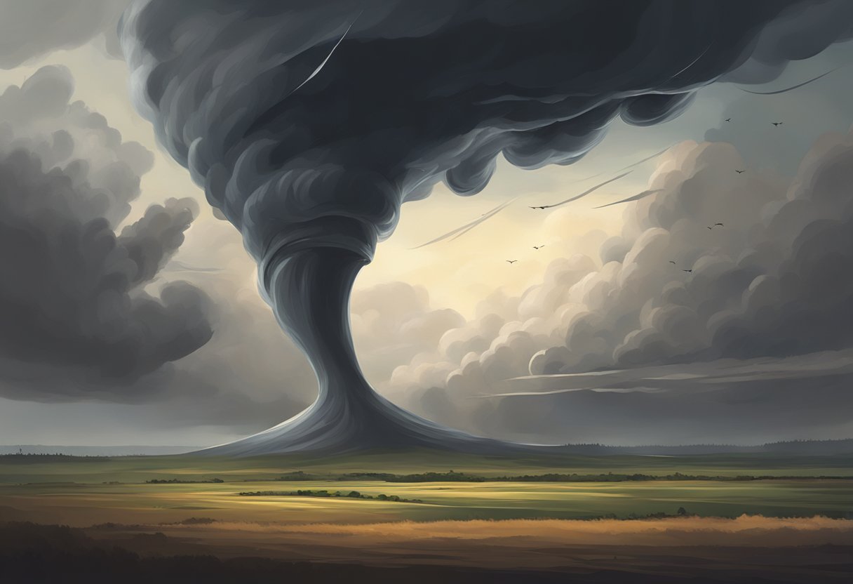 A swirling tornado with a dark, ominous funnel cloud, towering over a flat landscape, with debris flying through the air