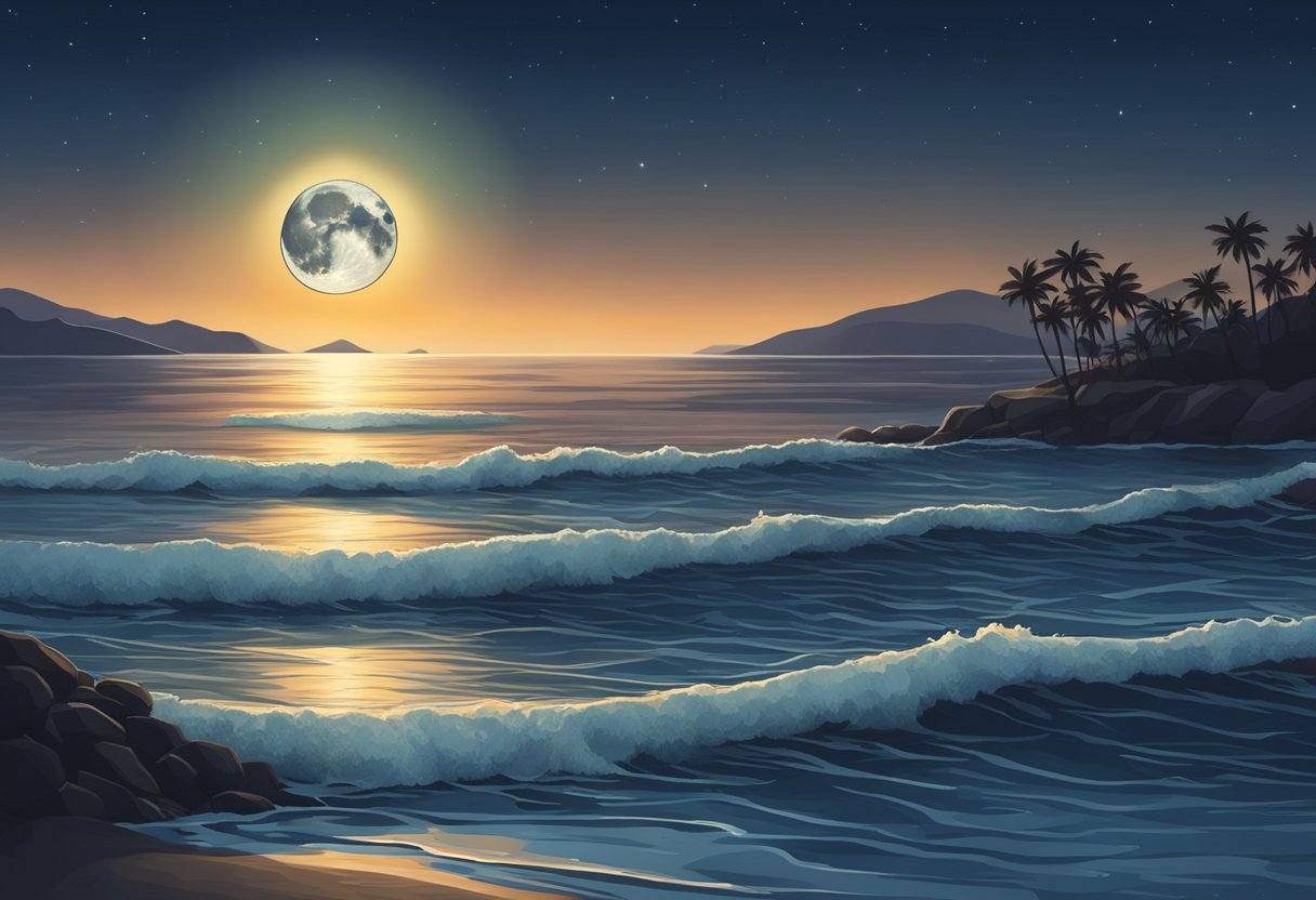 The moon rises over the ocean, pulling the water towards it, creating high tide. As the moon sets, the water recedes, causing low tide