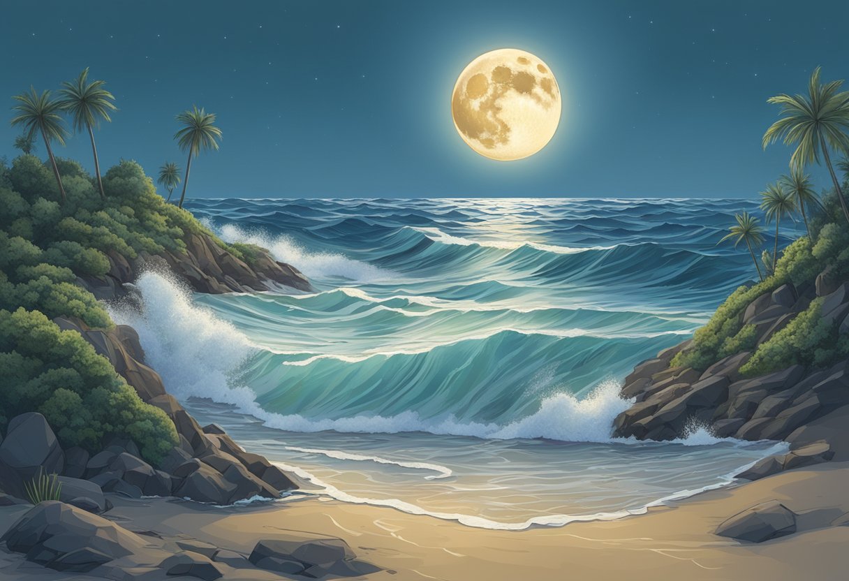The moon's gravitational pull creates bulges in the Earth's oceans, causing high and low tides. Waves crash against the shore, illustrating the moon's influence on global tidal patterns