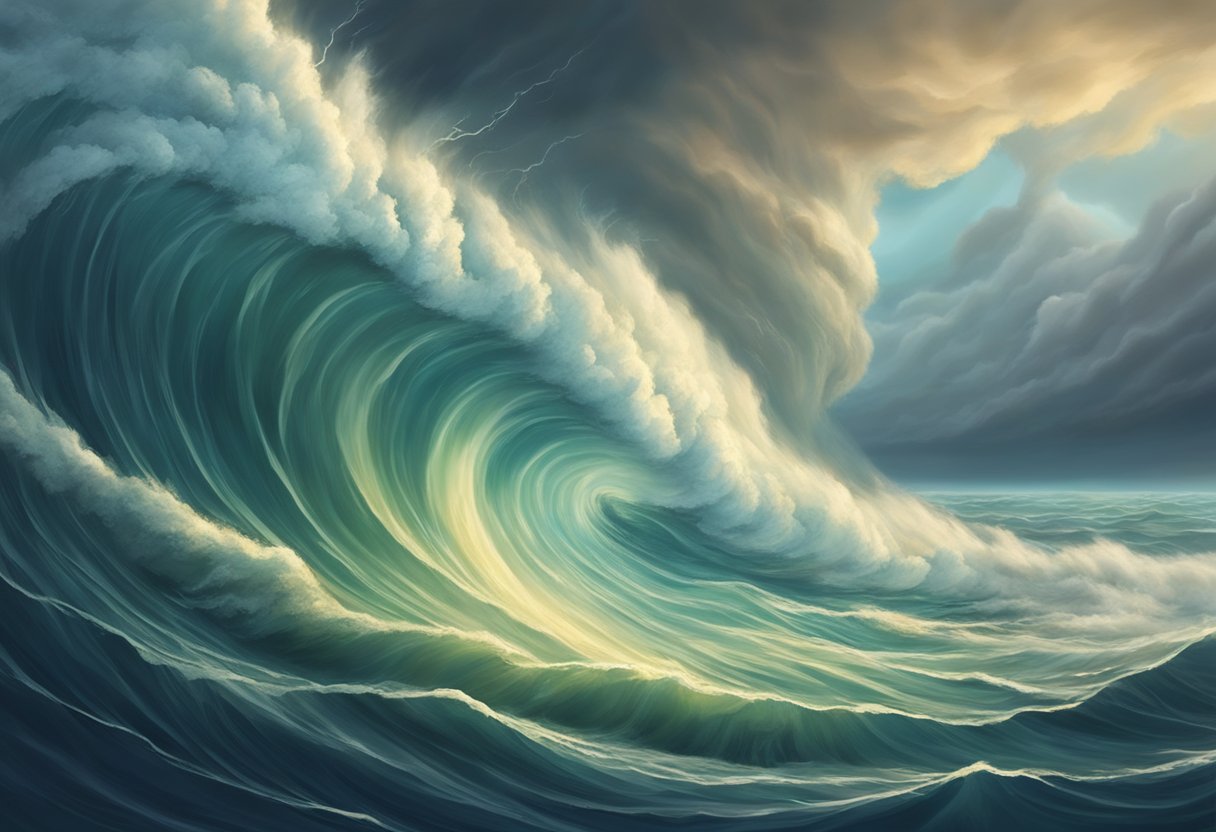 A powerful hurricane forms over warm ocean waters, swirling with intense winds and heavy rain, causing destruction to coastal areas