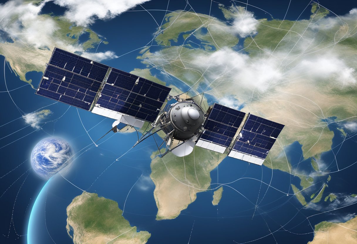 A weather satellite orbits Earth, collecting data on atmospheric conditions and climate patterns, transmitting vital information to meteorologists