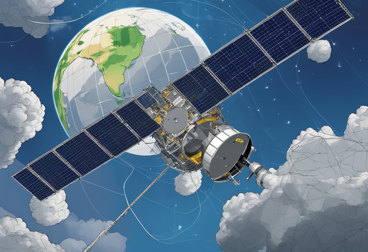 A weather satellite orbits Earth, capturing real-time data to predict and monitor weather patterns. Its advanced technology provides valuable information for forecasting and disaster preparedness