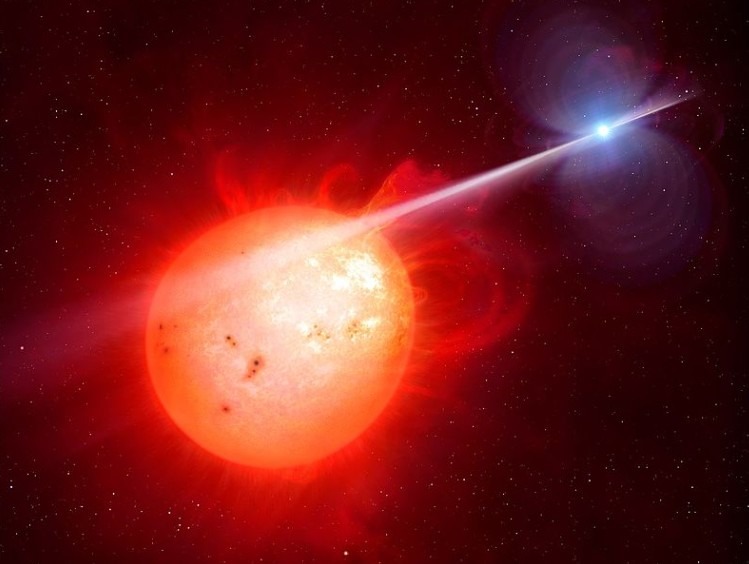 an artist’s representation of the binary star system AR Scorpii