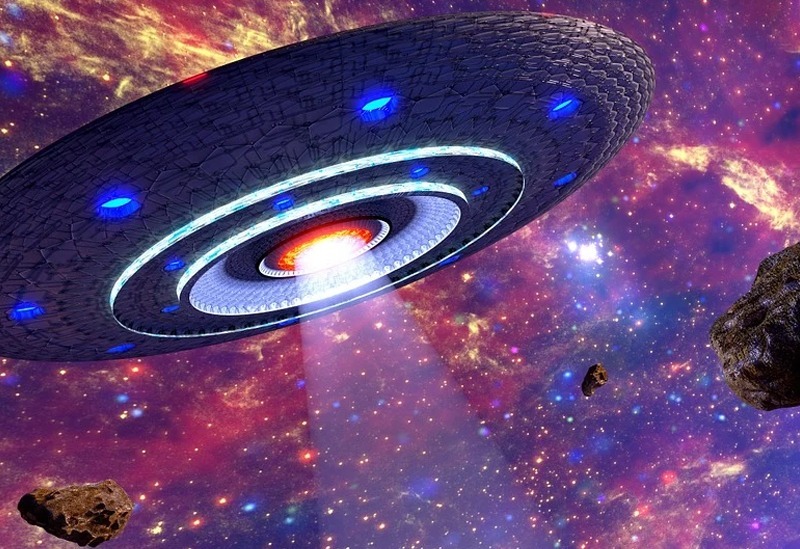 a galaxy with celestial objects, and a spaceship