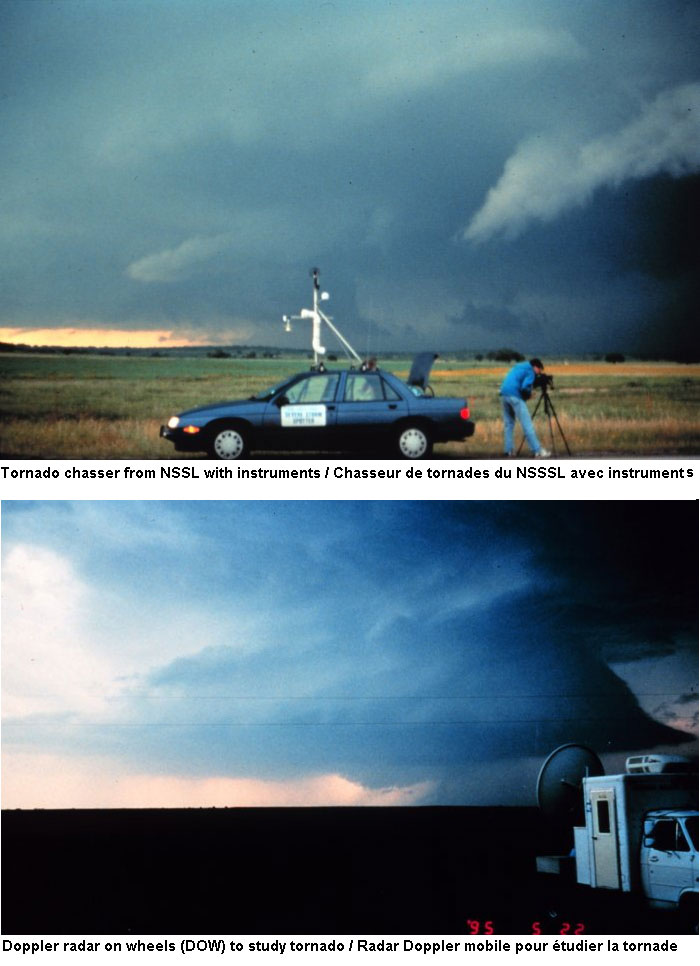 Assembly of two photos from National Severe Storms Laboratory (NSSL) in Norman, Oklahoma that shows staff and instrument chasing tornadoes during the first VORTEX project from 1994 1995