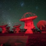ALMA antennae in red light, onthe background are the southern Milky Way