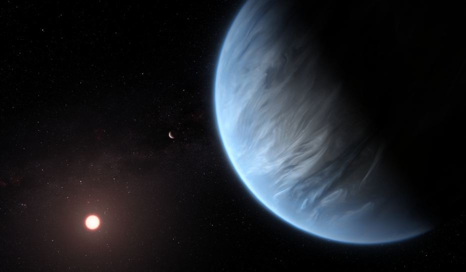 K2-18b orbiting red dwarf K2-18, exoplanet K2-18c, space, stars