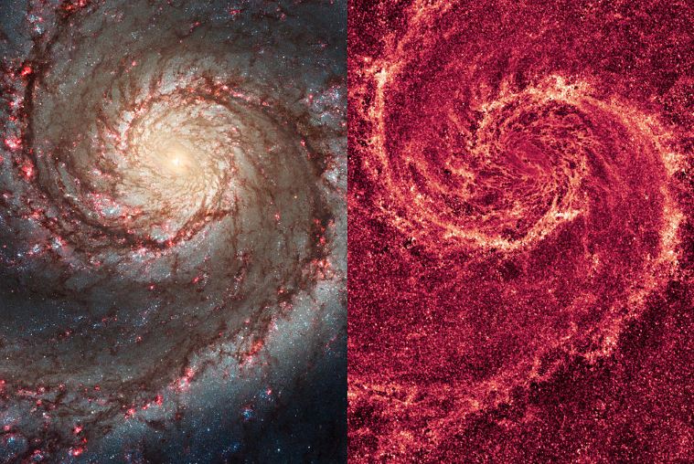 image-of-the-Whirlpool-Galaxy-in-visible-light-left-and-infrared-light-right