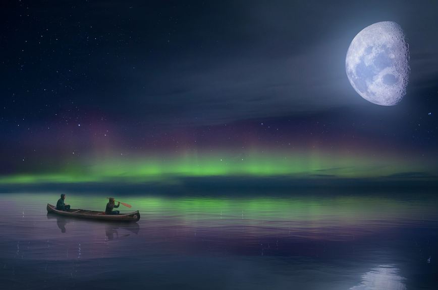 two men on a boat, a lake, the Moon and the Auroral display of lights