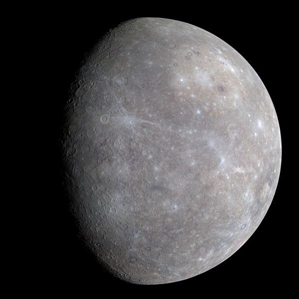 A colored photo of Mercury, the closest planet to the sun.