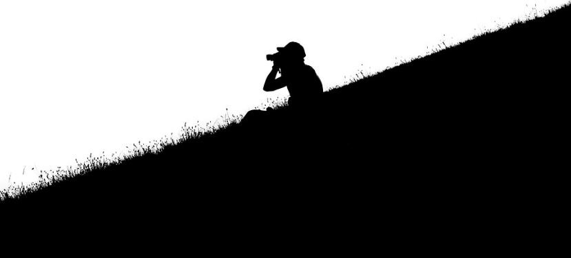 silhouette of a man on a mountain looking through binoculars, grass