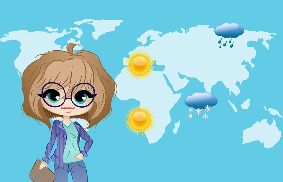 woman weather forecaster with glasses, weather forecast of the world, symbol for sunny weather, symbol for rainy/stormy weather, symbol for snowy weather