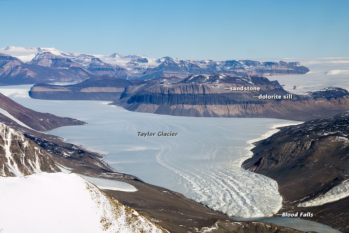 the Taylor glacier surrounded by cliffs and mountains