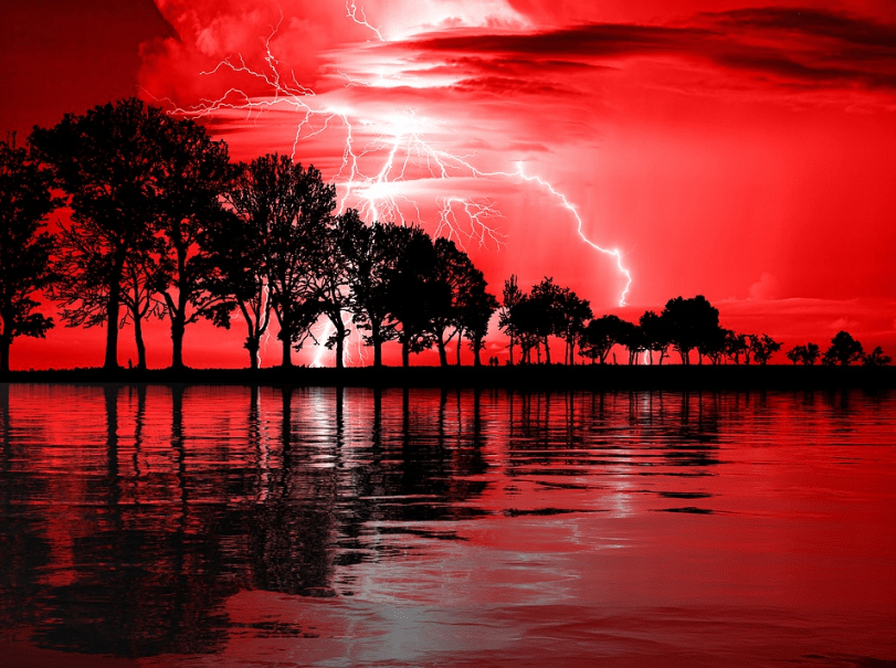water, trees, storm clouds, lightning, red sky